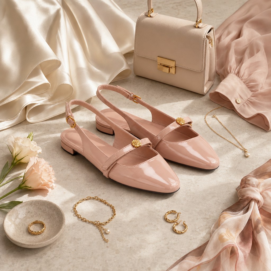 Sapatos rosa com bolsa e joias