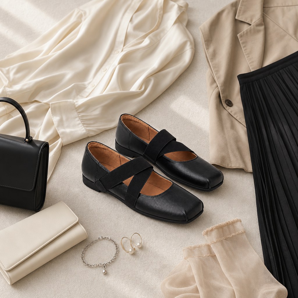 Scarpe Mary Jane nere abbinate ad accessori di moda