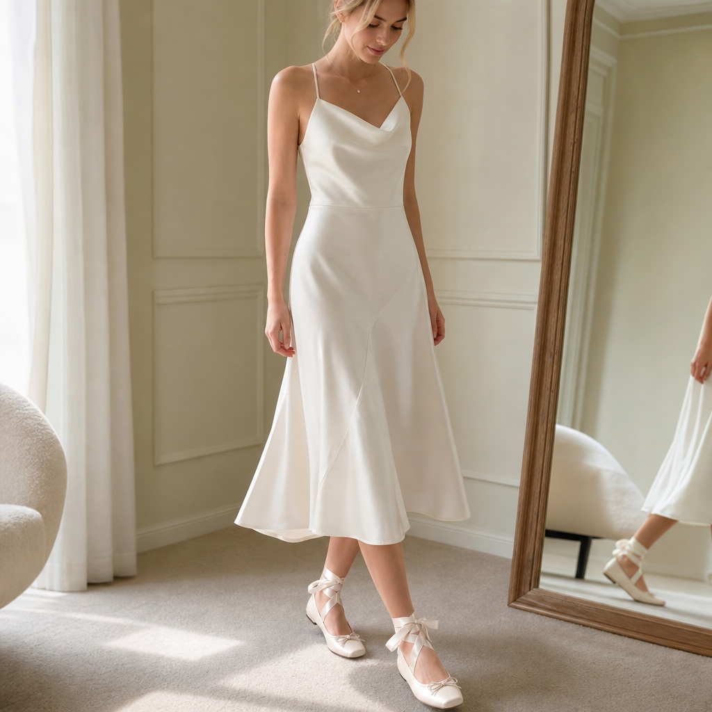 Ballerine indossate con un vestito in una scena di vita quotidiana in interni.