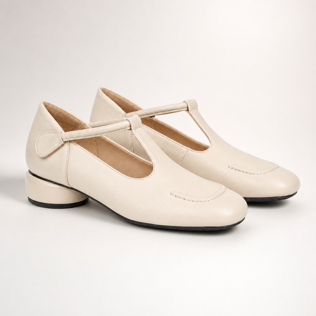 White color option of round toe Mary Jane block heel shoes