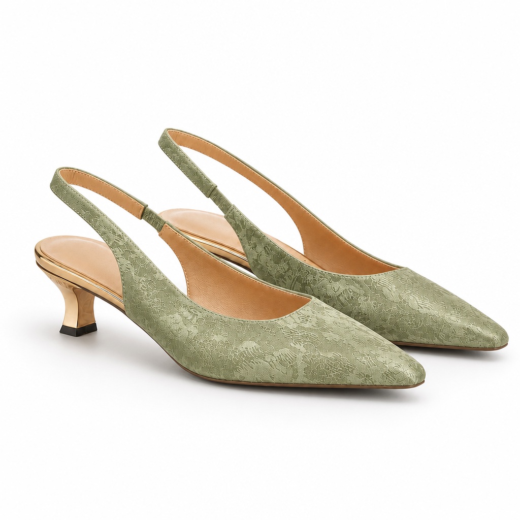 Vestido verde brilhante com salto tipo slingback