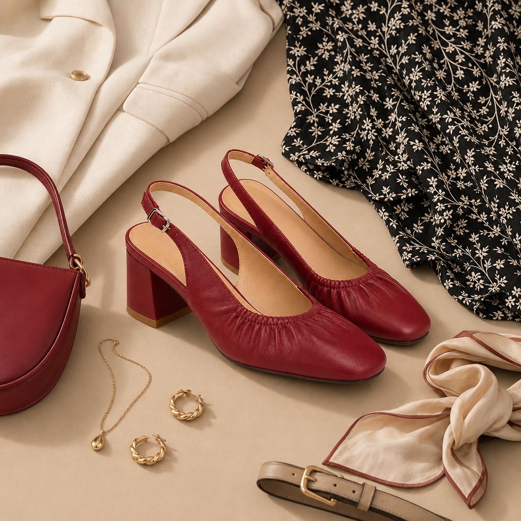 Salto tipo slingback cor de vinho com roupas e acessórios