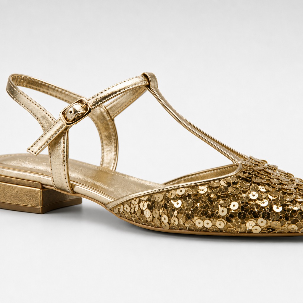Close-up detail of gold closed toe sandal straps, buckle, heel, and textured toe