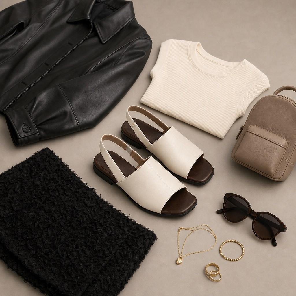 Off-white sandals in a coordinated flat lay scene