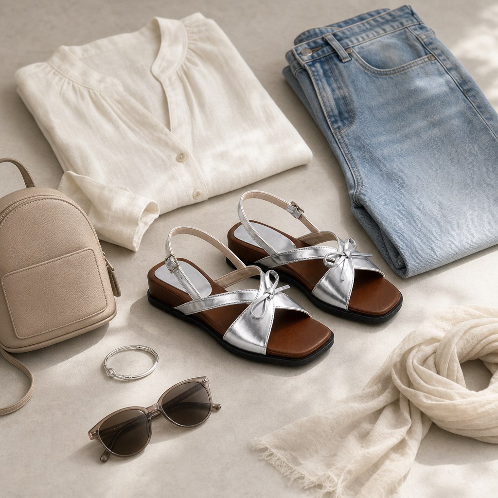 Silver sandals styled with clothing and accessories
