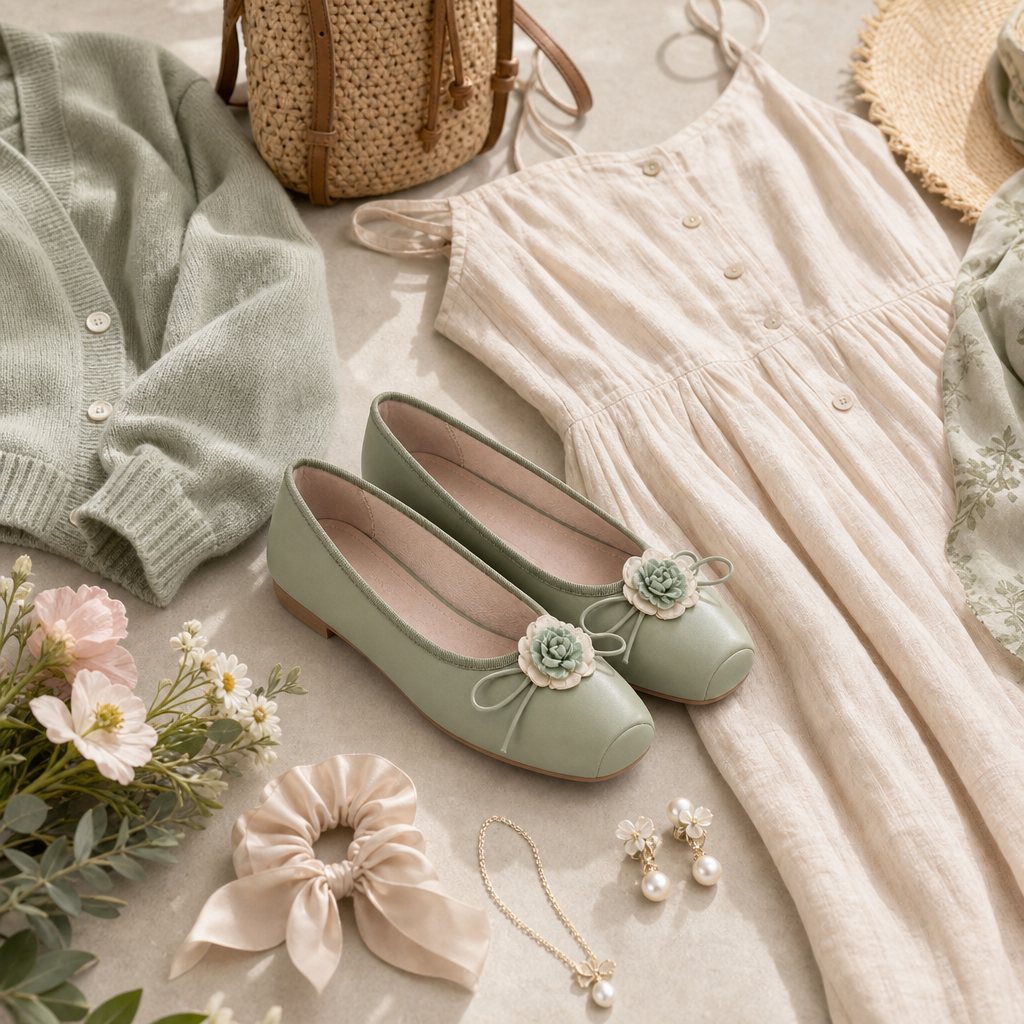 Ballerine verdi ispirate al qipao con abbigliamento e accessori floreali