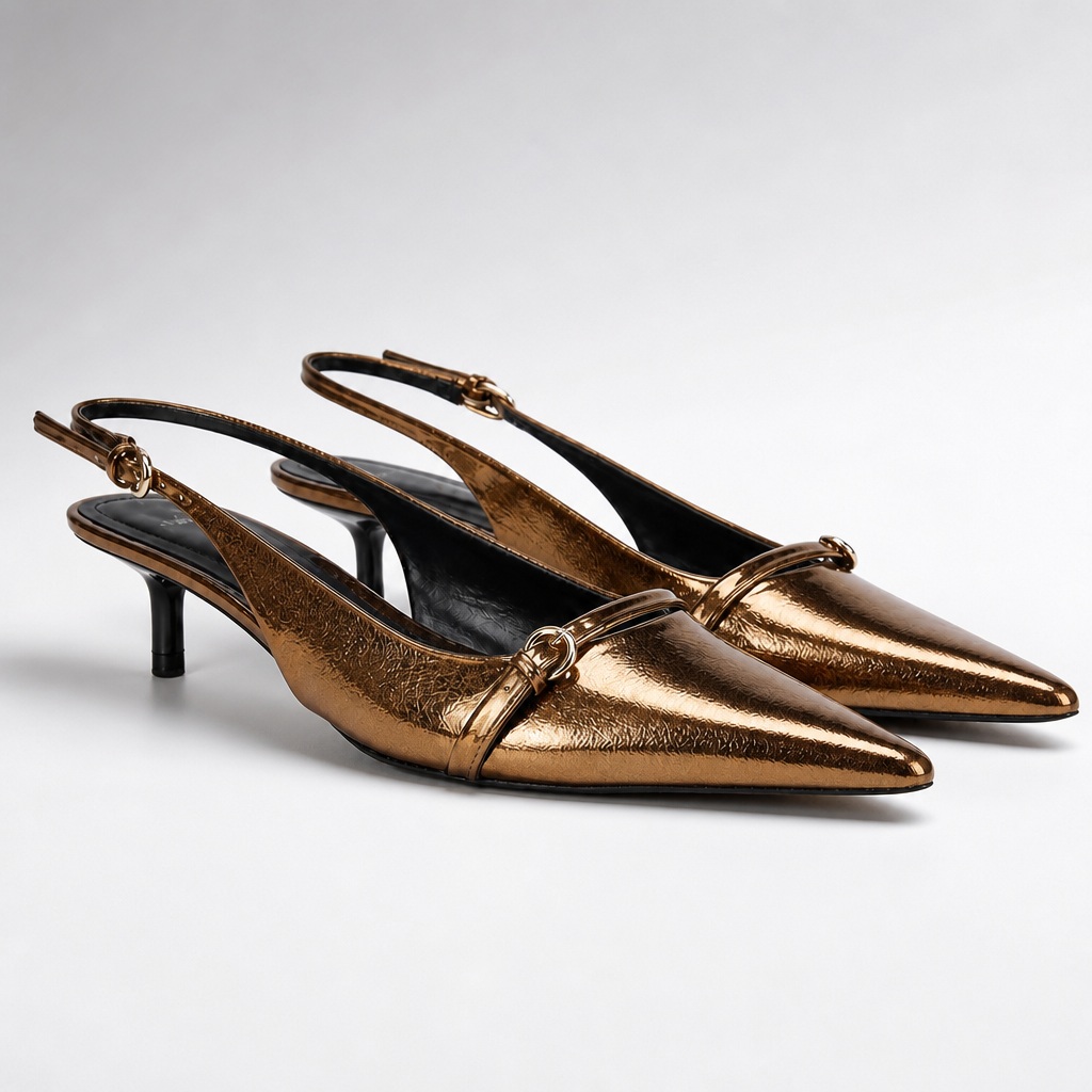 Sapatos slingback dourados com salto baixo e bico fino