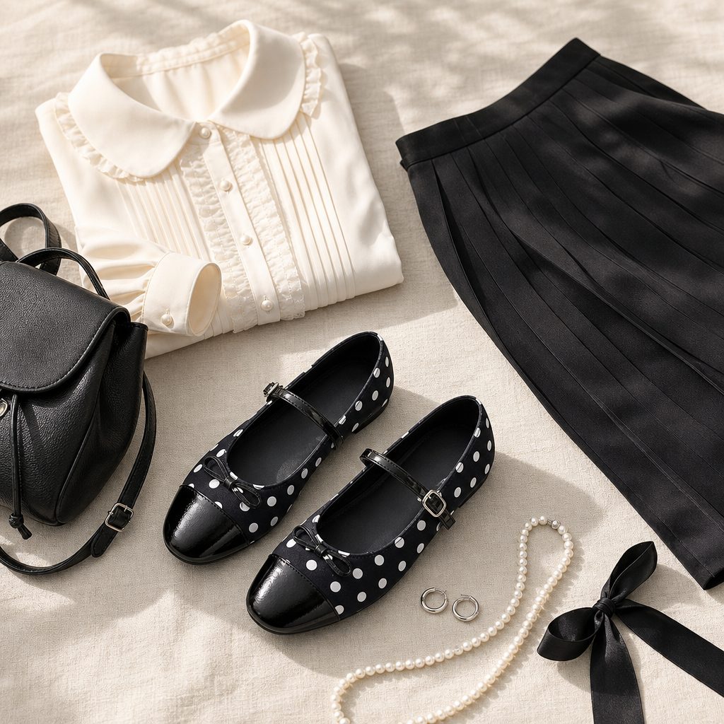 Μαύρα πουά φλατ στιλ με flat-lay outfit