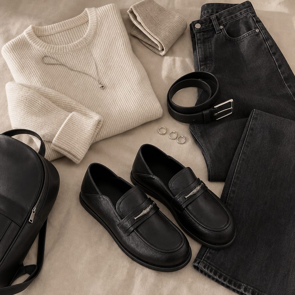 Composition à plat d'une tenue incluant les mocassins