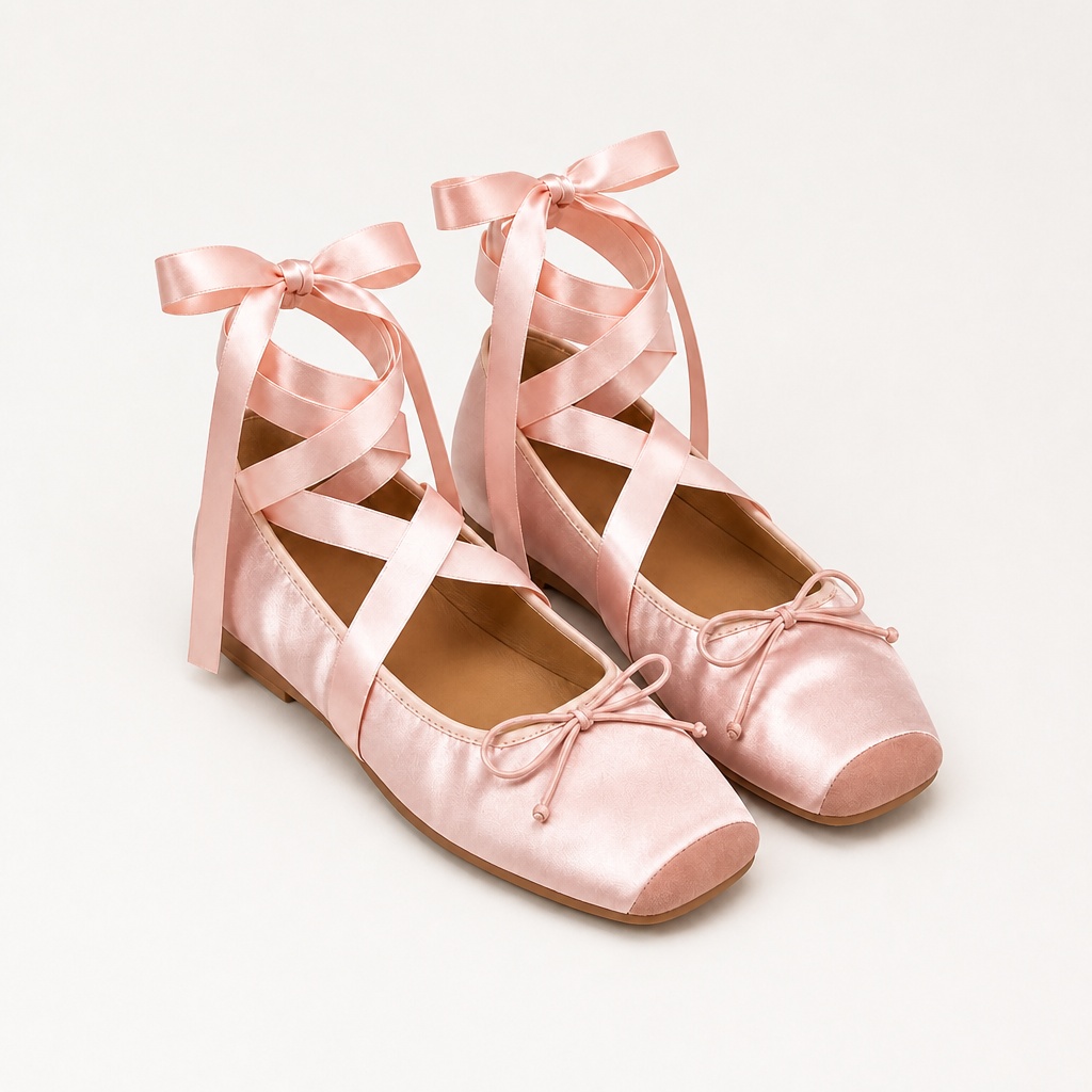Ballerine rosa con lacci su sfondo bianco