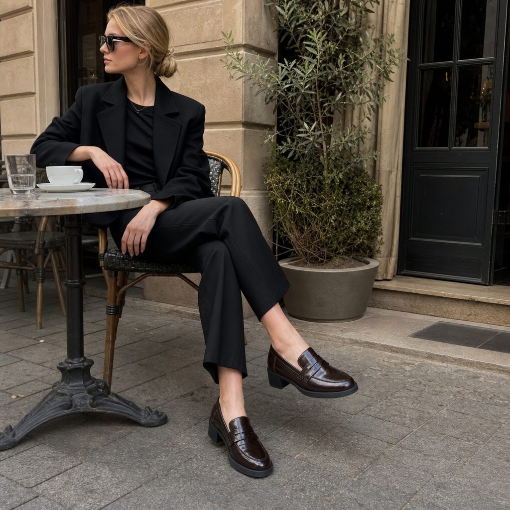 Outdoor lifestyle scene with brown smart casual shoes