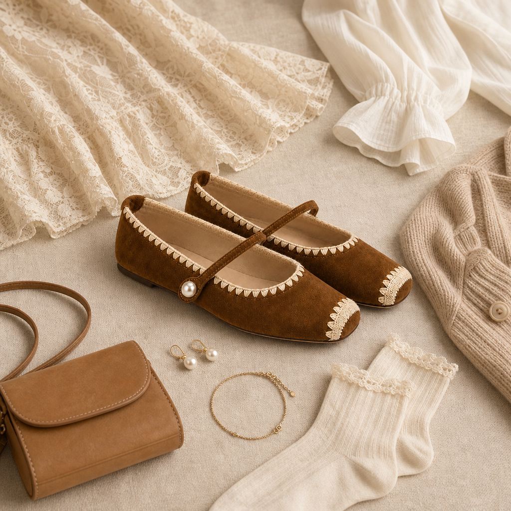Ballerine Mary Jane marroni in una composizione flat lay stilizzata
