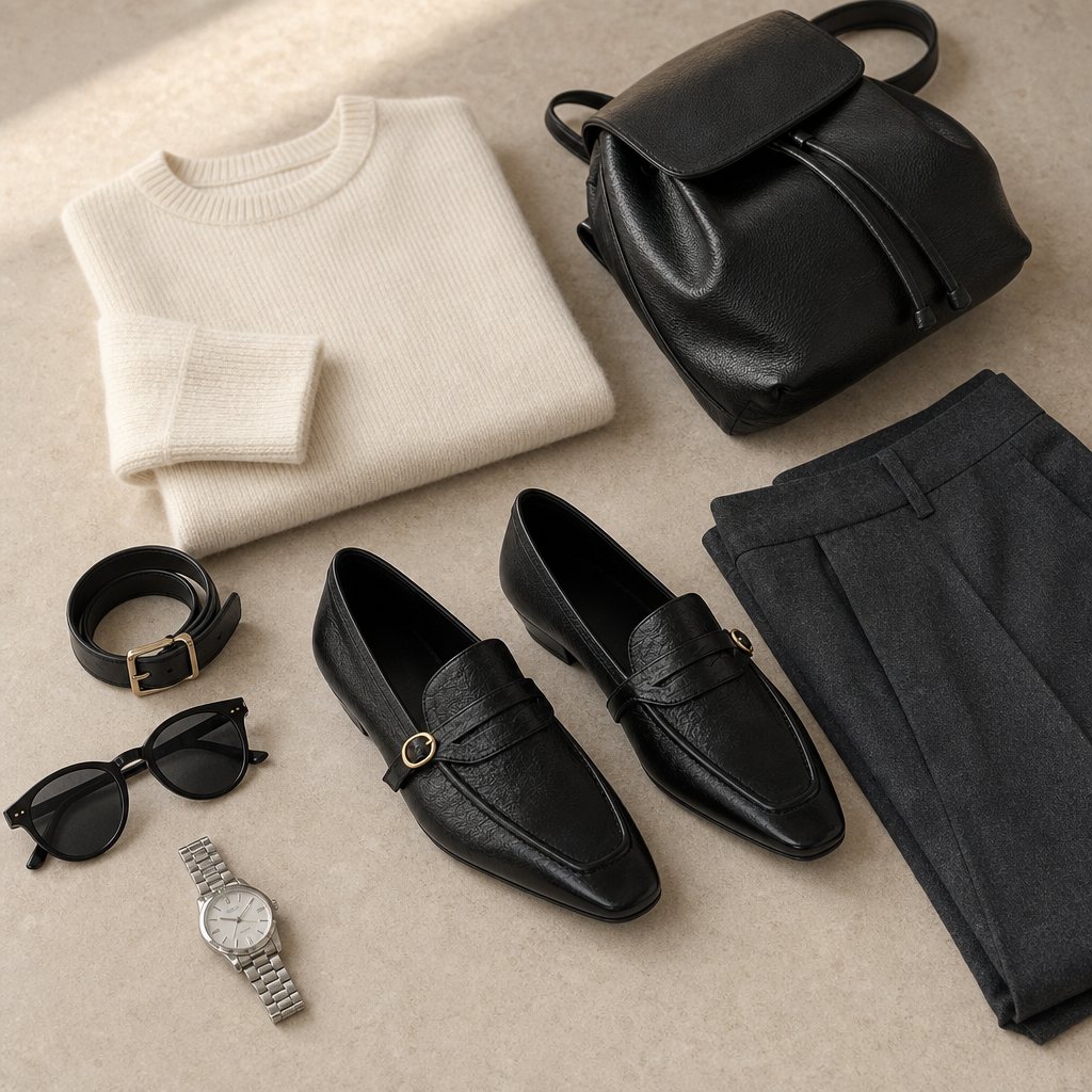 Black slip-on loafers arranged with clothing accessories