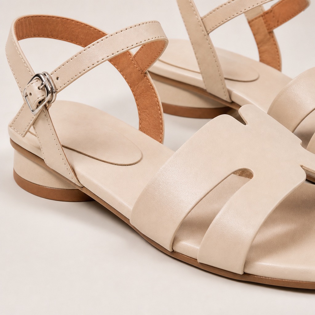 Close-up of apricot square toe flat shoe strap buckle and toe shape