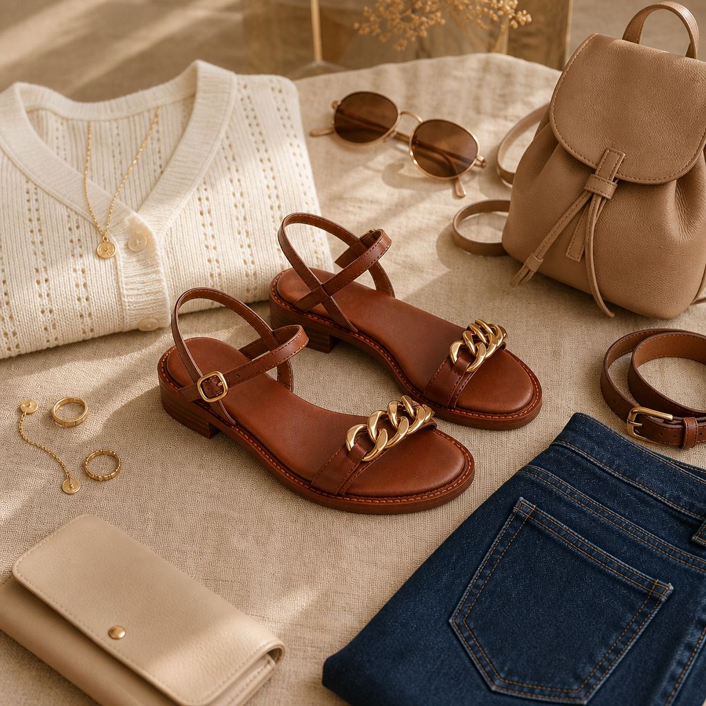 Brown sandals styled with clothing and accessories