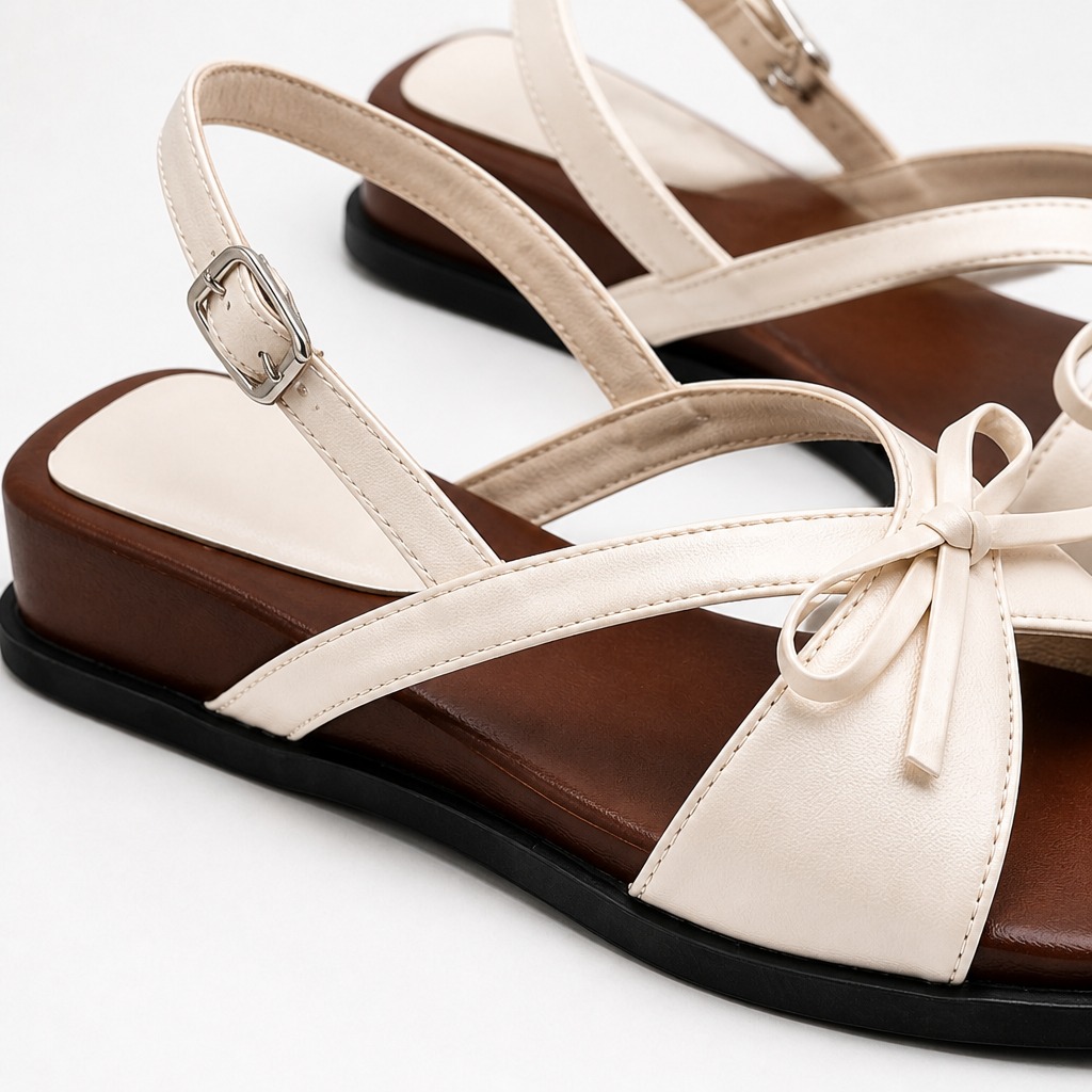 Close-up of sandal bow, straps, buckle and sole construction