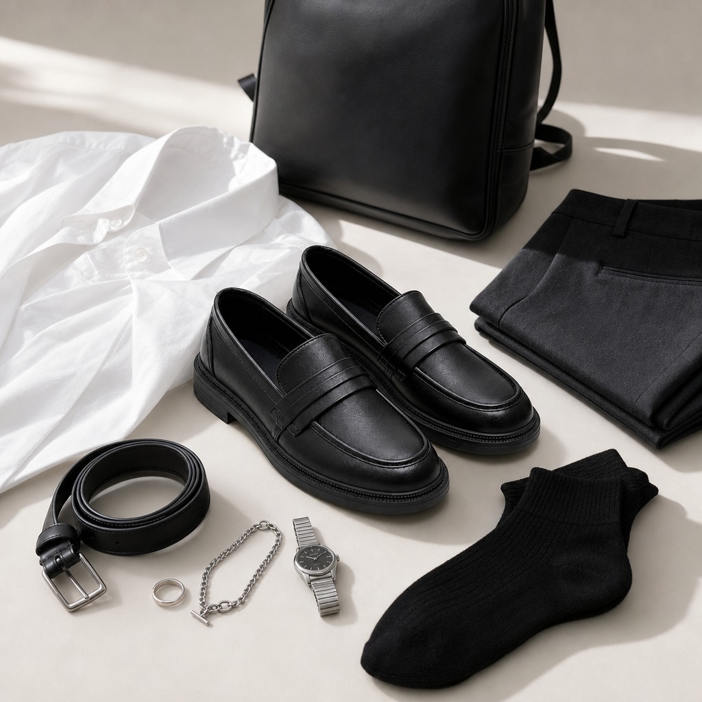 Mise en scène stylisée à plat avec des mocassins noirs et des accessoires