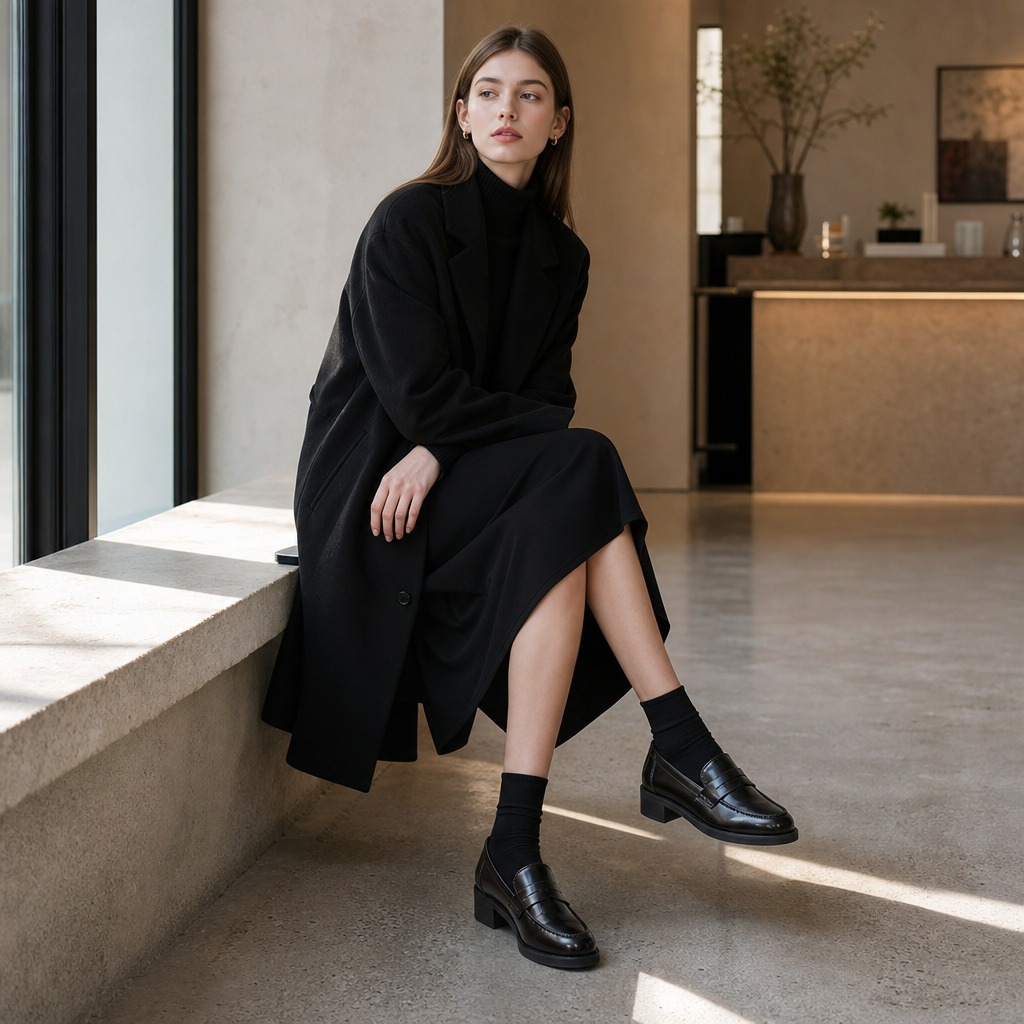 Indoor outfit scene with model wearing the loafers
