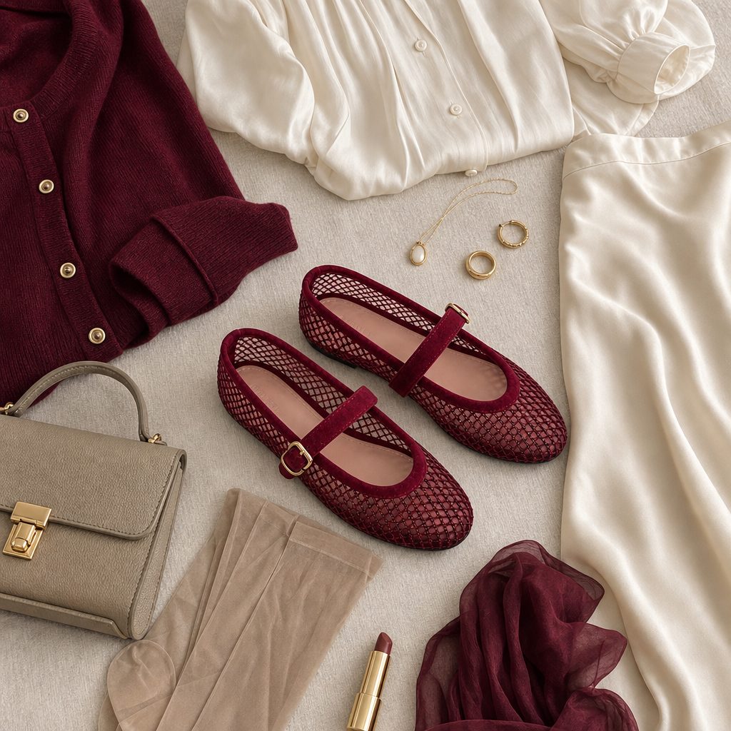 Ballerine rosse Mary Jane abbinate ad accessori per l'outfit