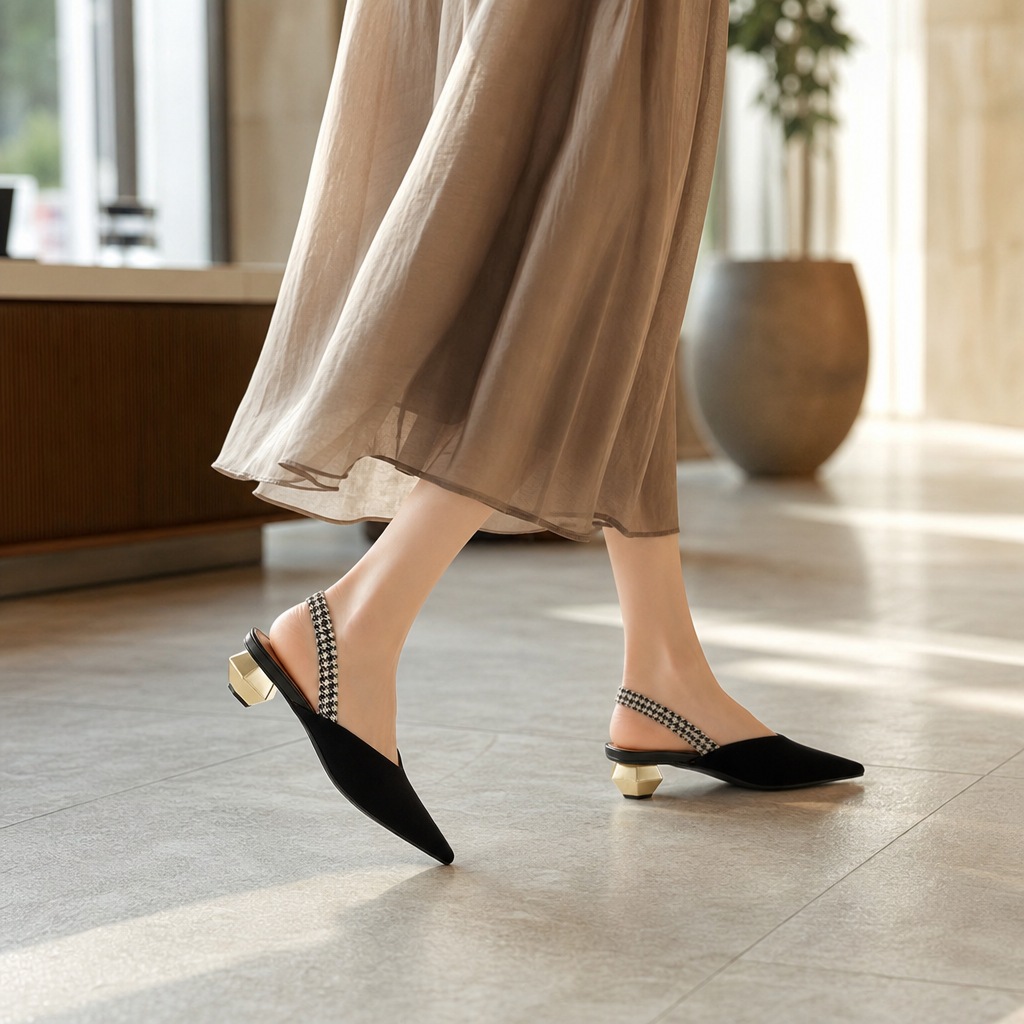 Salto tipo slingback preto usado em ambientes fechados com vestido
