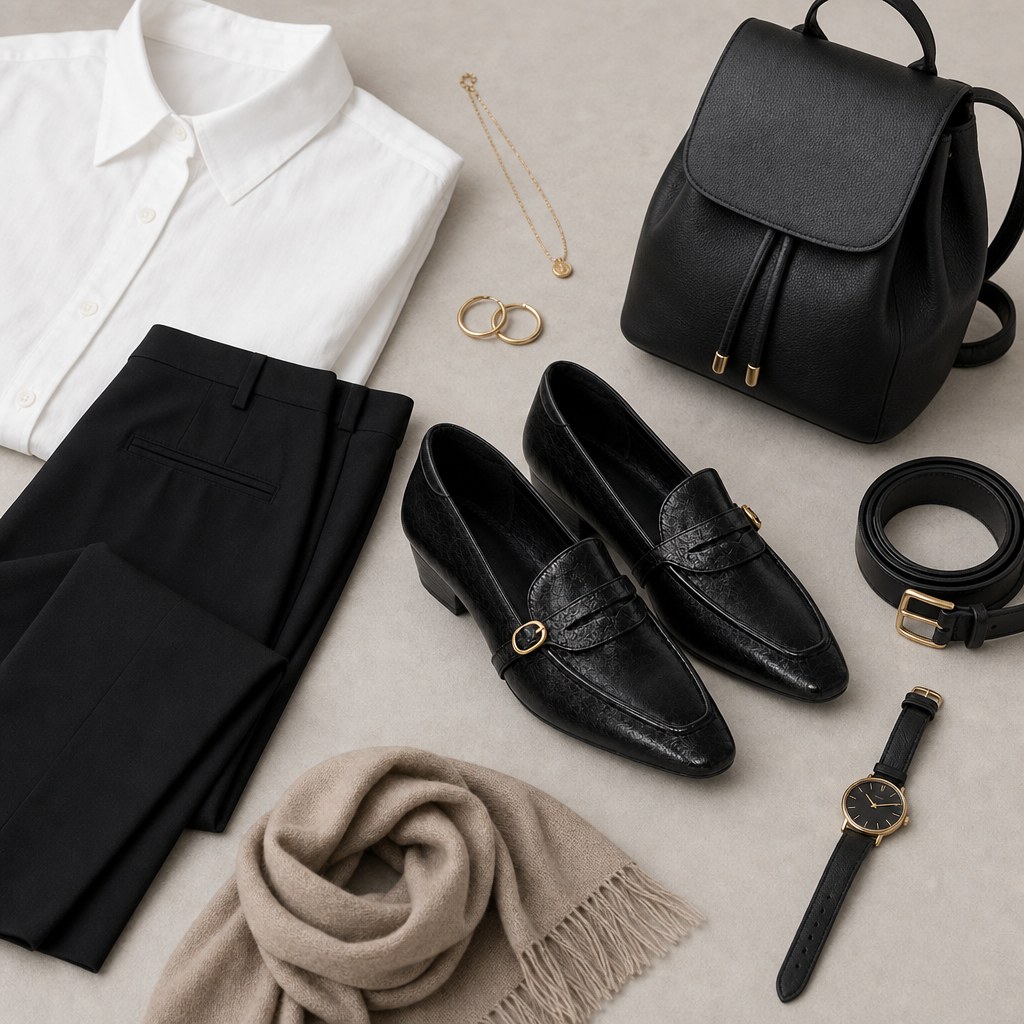 Black loafers shown in a flat-lay outfit composition
