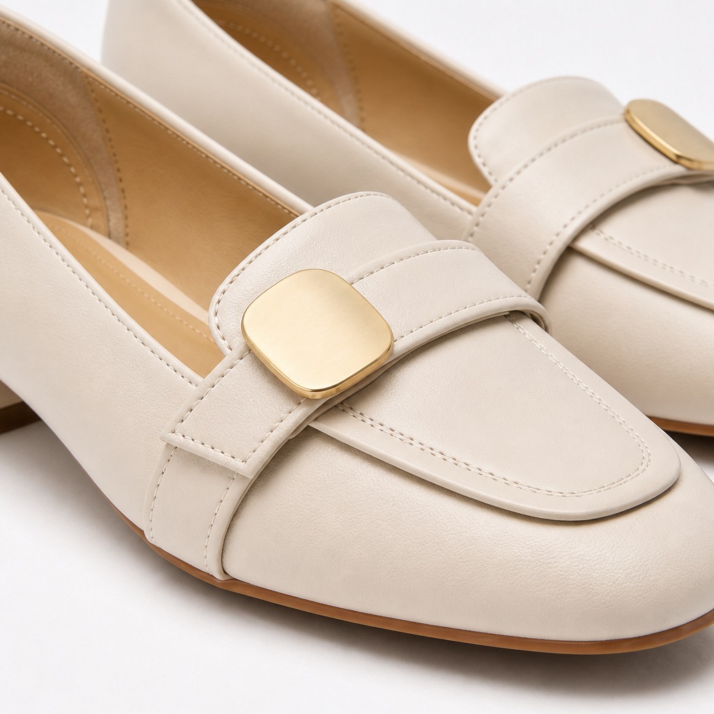 Gros plan sur la bride de bout et la boucle polie d'un mocassin