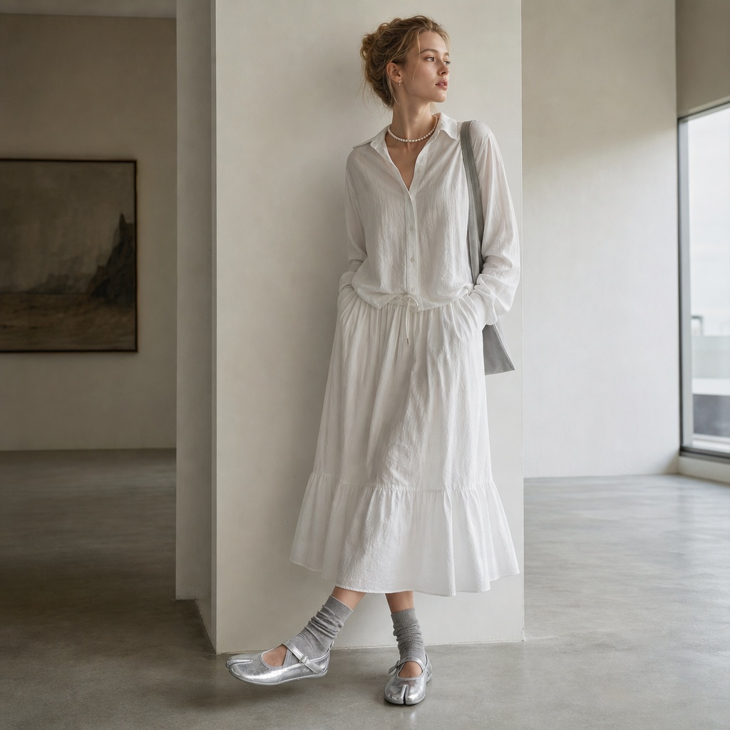 Ballerine Mary Jane argentate indossate in casa