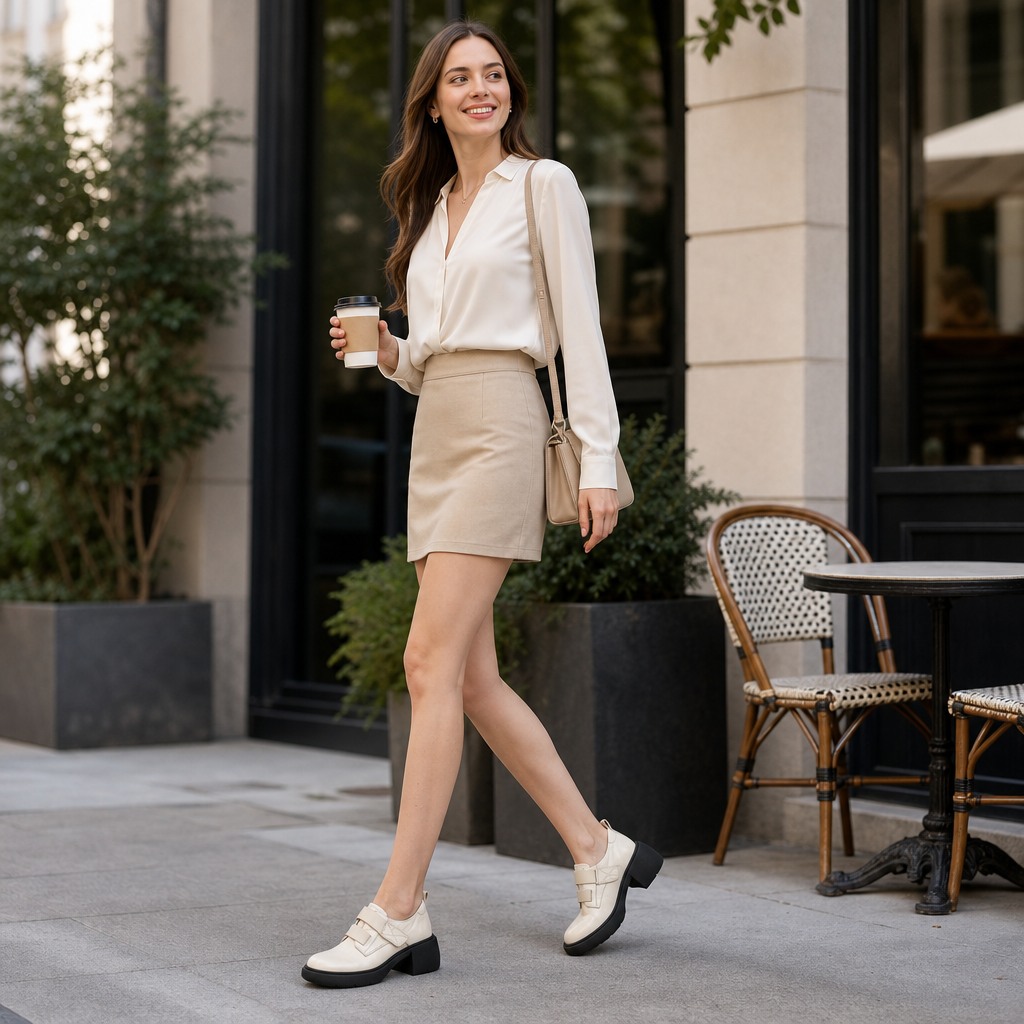 Mocassins blancs portés à l'extérieur dans une scène de style de vie décontracté