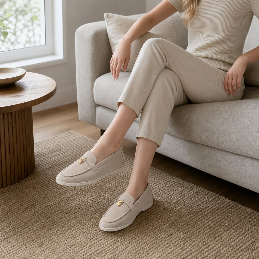 Apricot tassel loafers worn indoors while seated