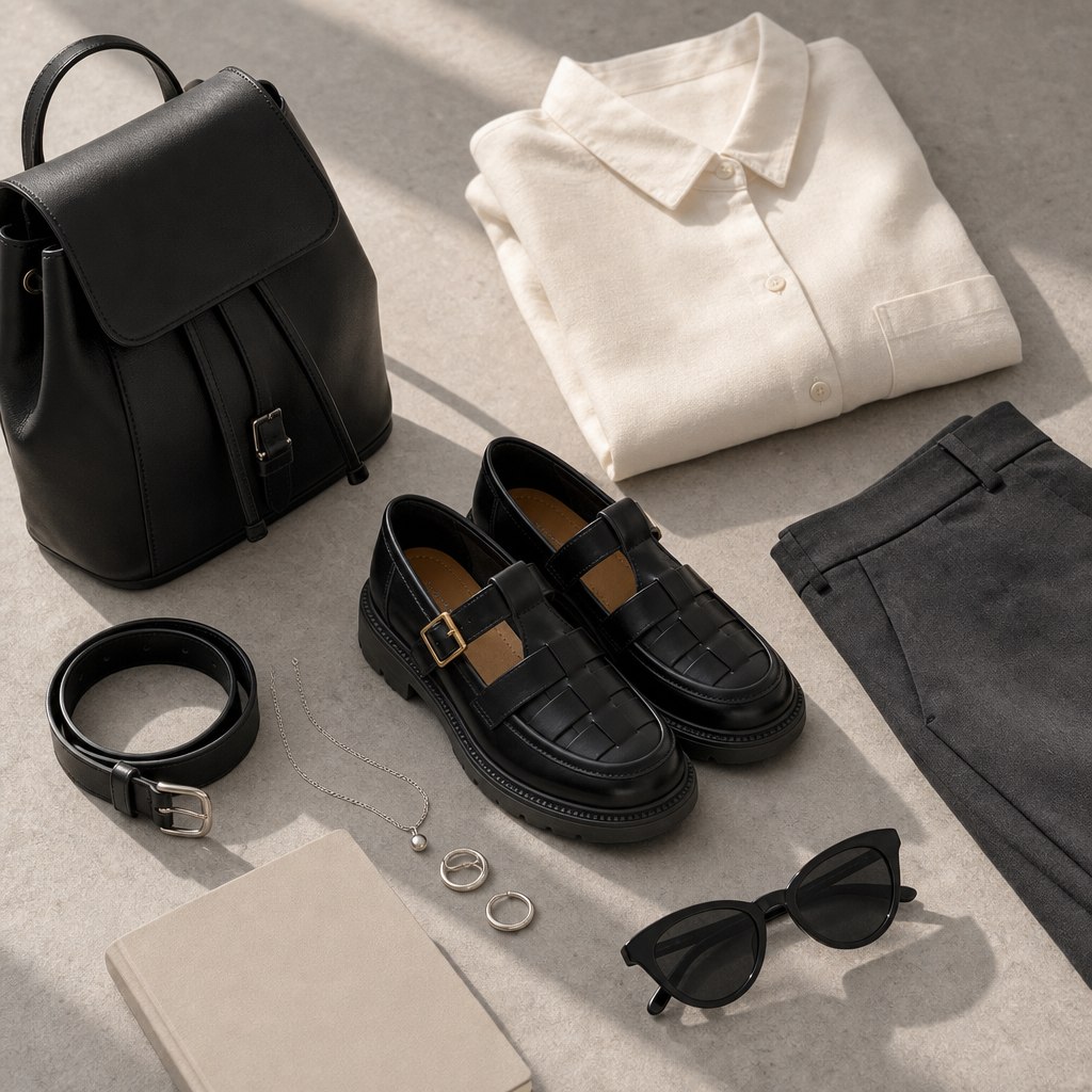 Flat-lay styling scene with fisherman shoes surrounded by accessories