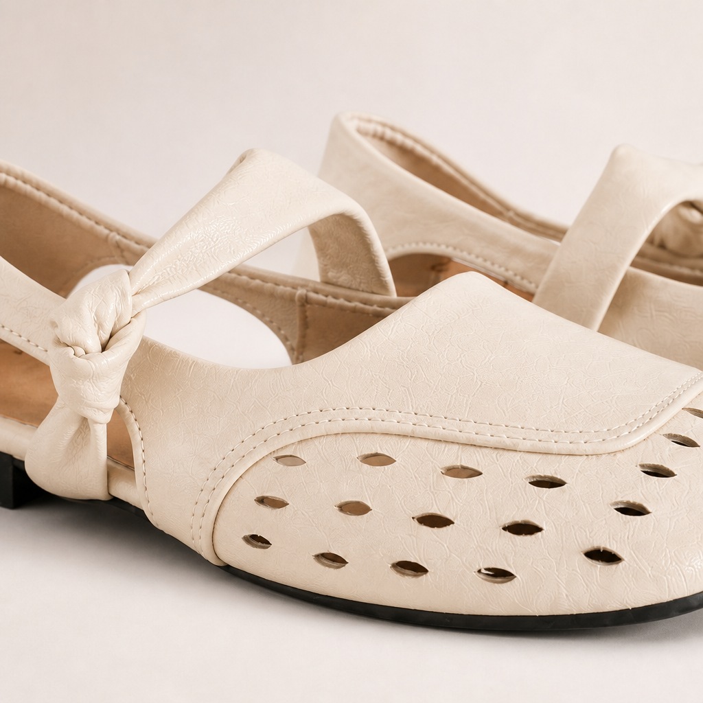 Apricot flat shoe close-up showing upper material and stitching