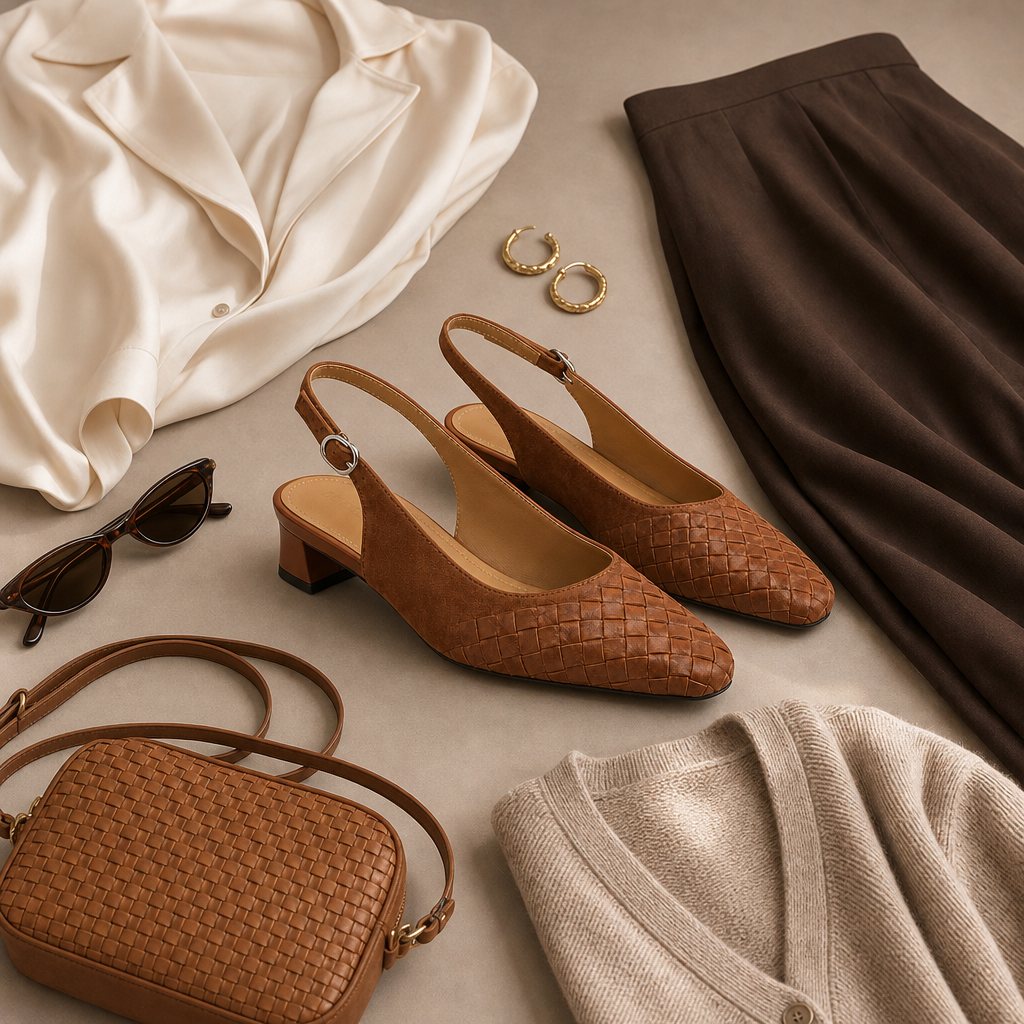 Sapatos tipo slingback trançados cáqui com roupas e acessórios
