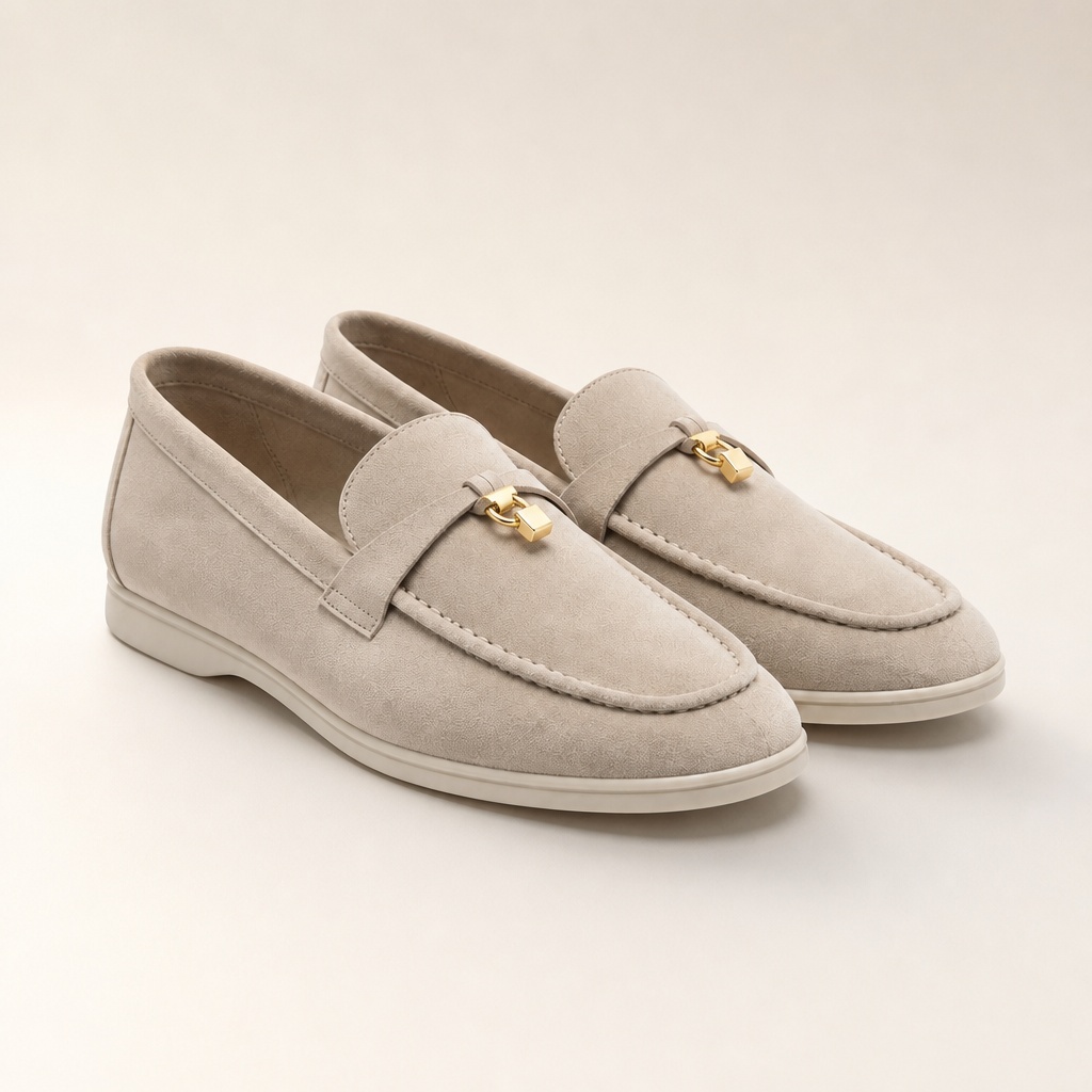 Full pair of apricot tassel loafers on a light background