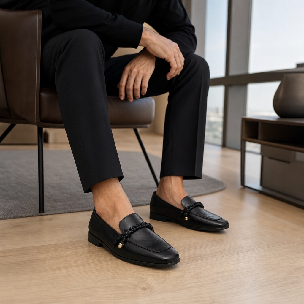 Black square toe shoes worn with an indoor outfit