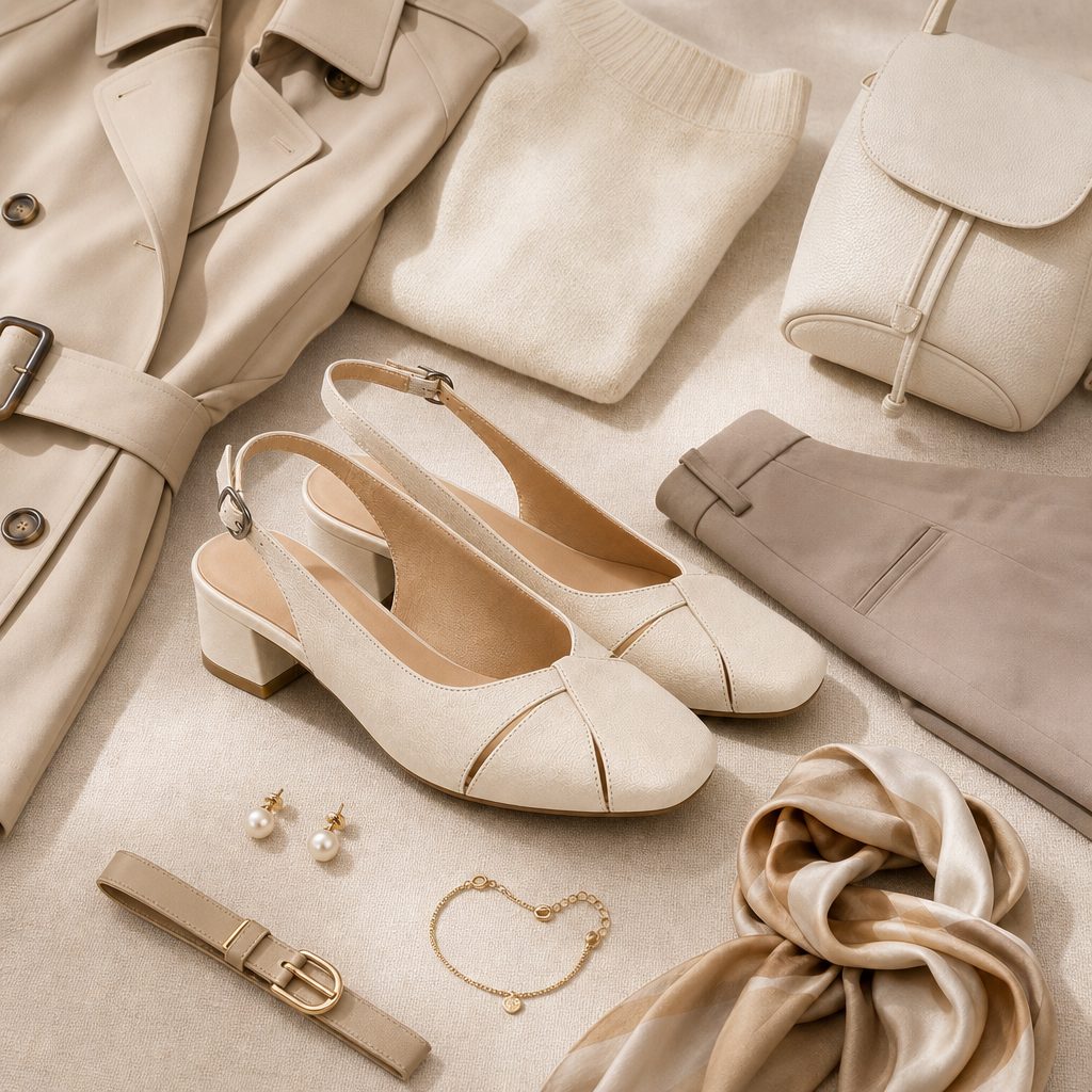 Salto tipo slingback creme com acessórios em cena flatlay
