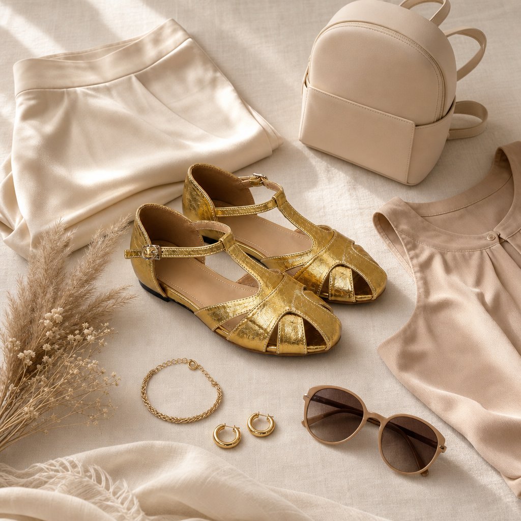 Gold hollow-out heels styled with accessories