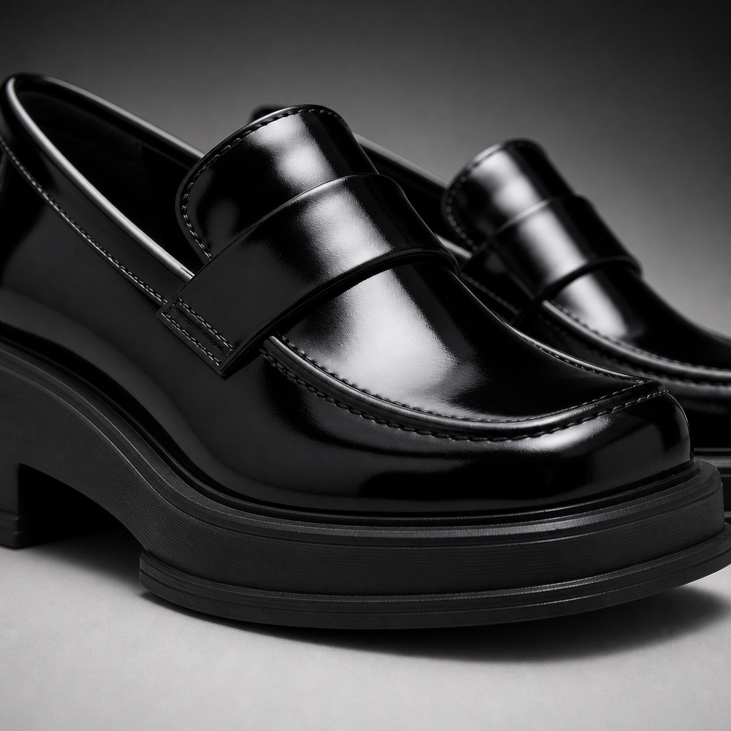 Gros plan sur la semelle, les coutures et le talon d'un mocassin noir brillant