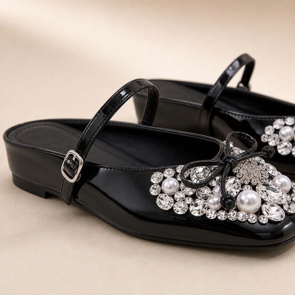Close-up of glossy black sandal and rhinestone bow detail