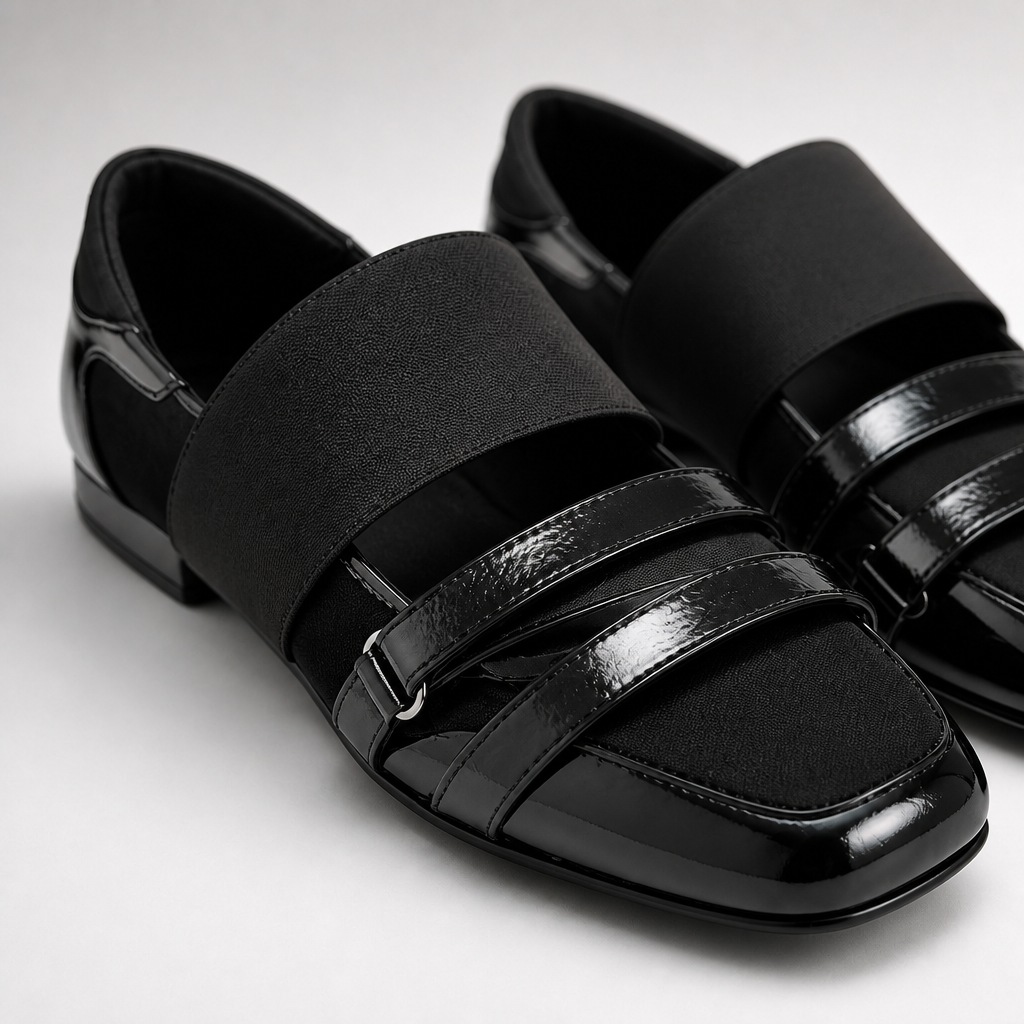 Κοντινό πλάνο με γυαλιστερό loafer επάνω μέρος, τετράγωνο δάχτυλο, λεπτομέρεια με λουράκι και ελαστική ταινία