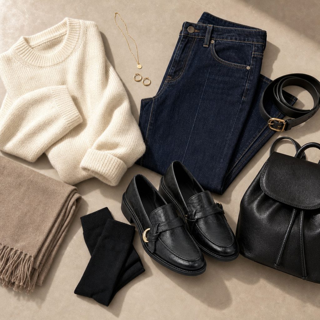 Flat-lay outfit scene with black loafers and coordinating clothing