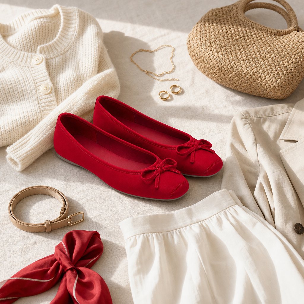 Ballerine rosse con fiocco, complete di abbigliamento e accessori.