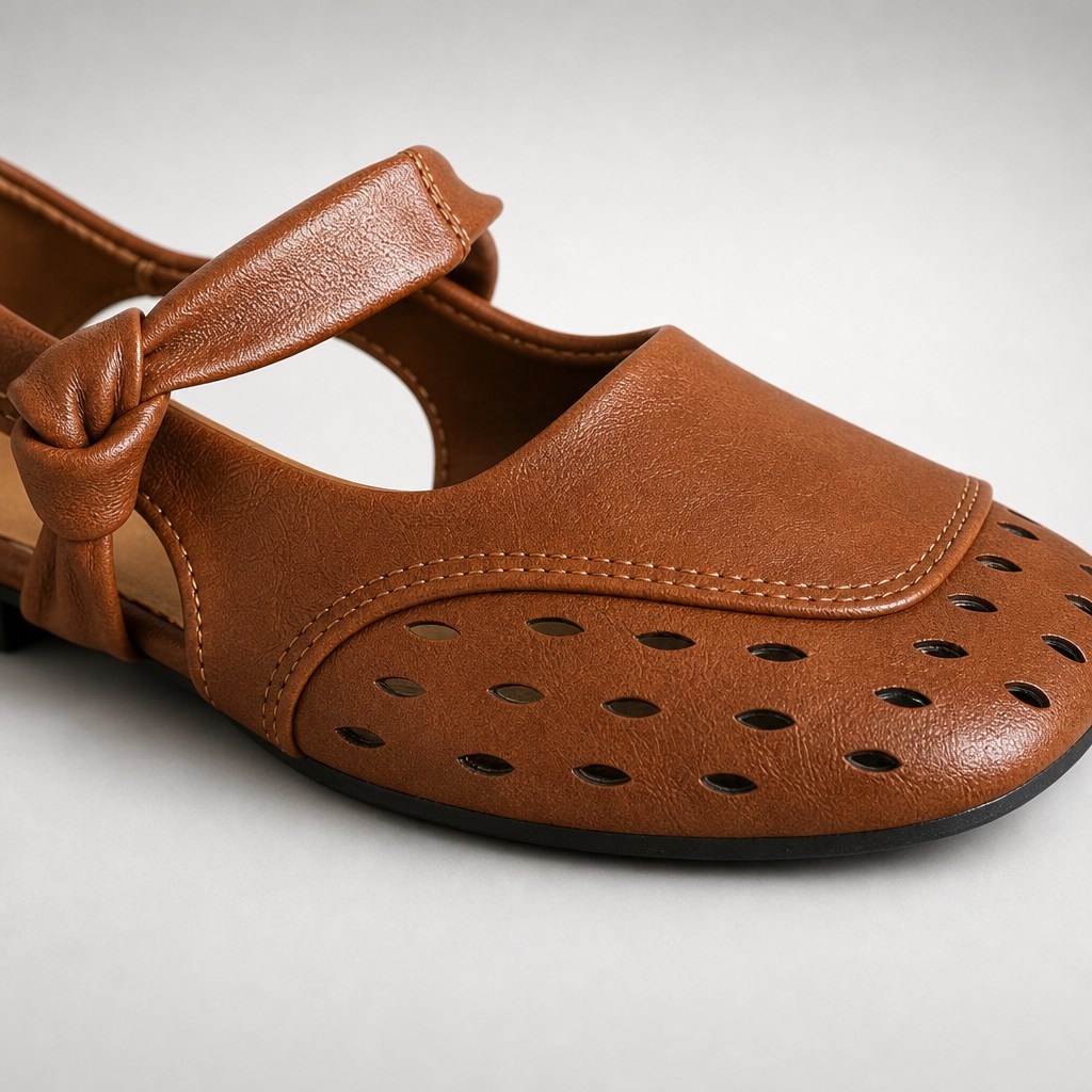Coffee flat shoe close-up showing perforations stitching and bow strap detail
