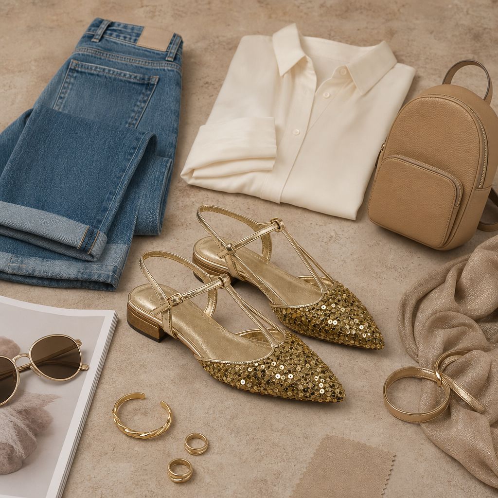 Gold closed toe flat sandals styled in a flat lay with accessories