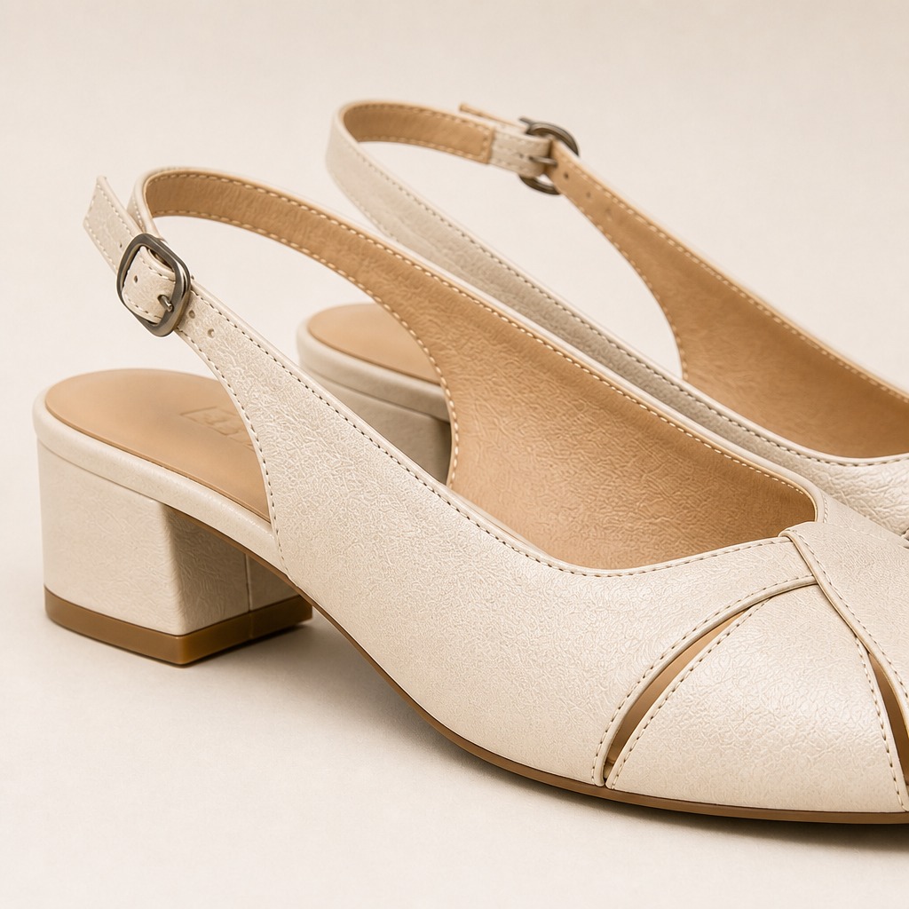 Close da fivela de salto tipo slingback creme, costura superior e salto bloco