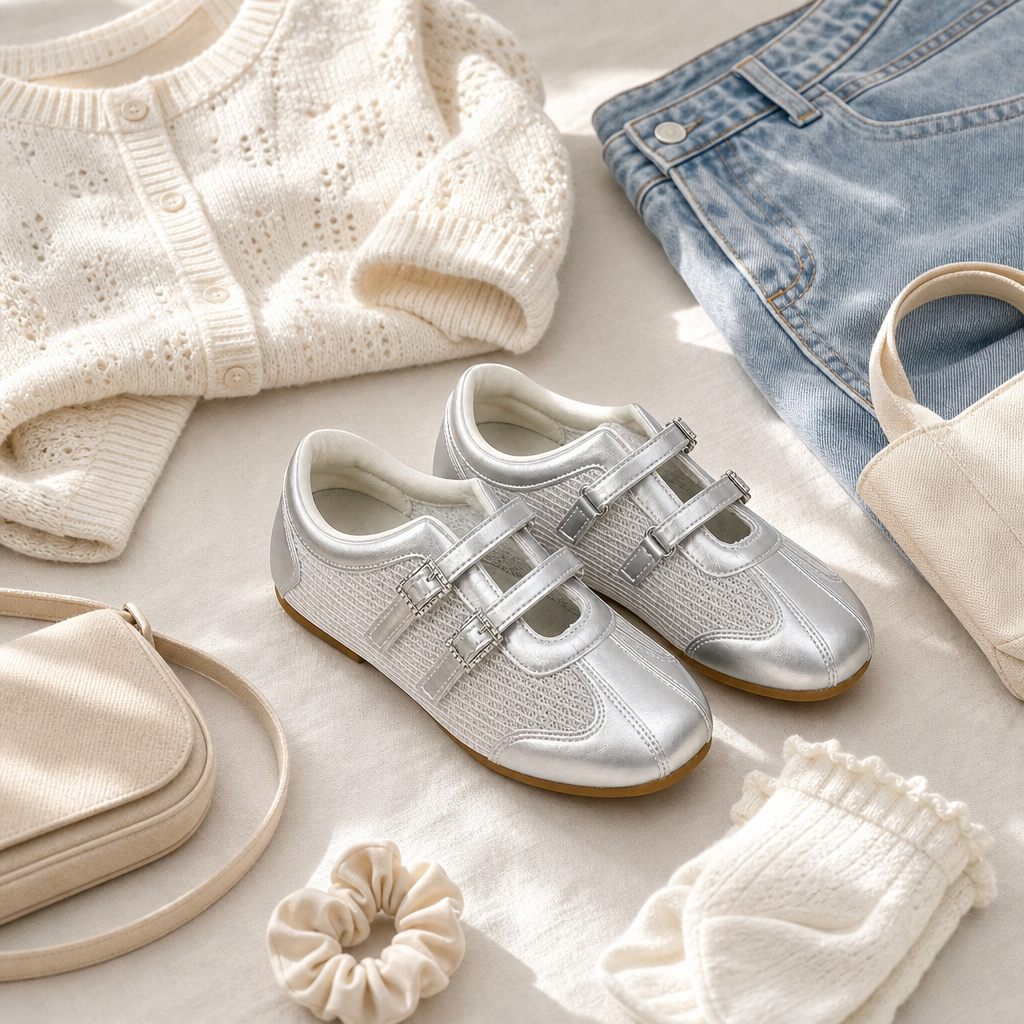 Sneakers Mary Jane metallizzate abbinate a capi di abbigliamento casual