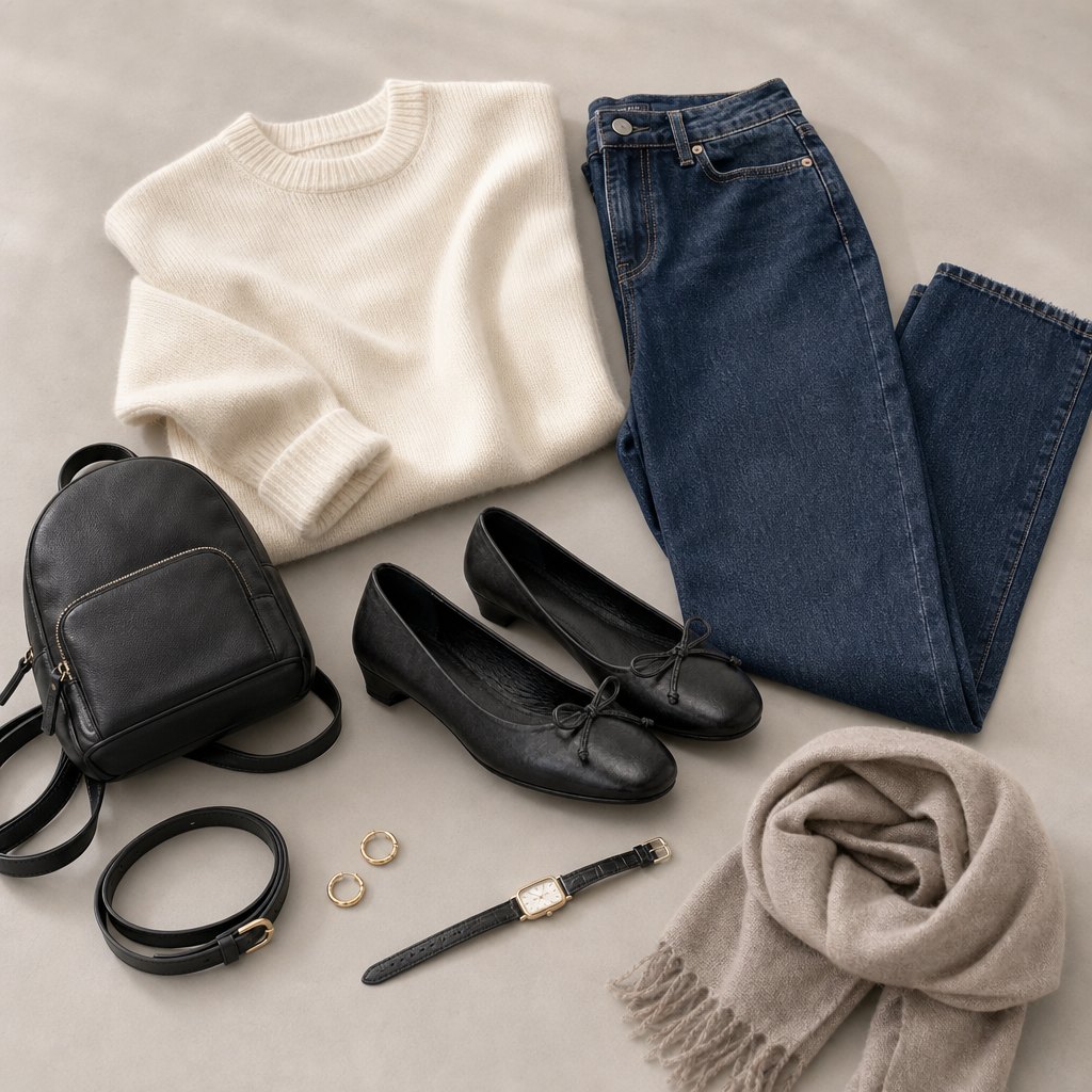 Black flats in a flat lay outfit scene