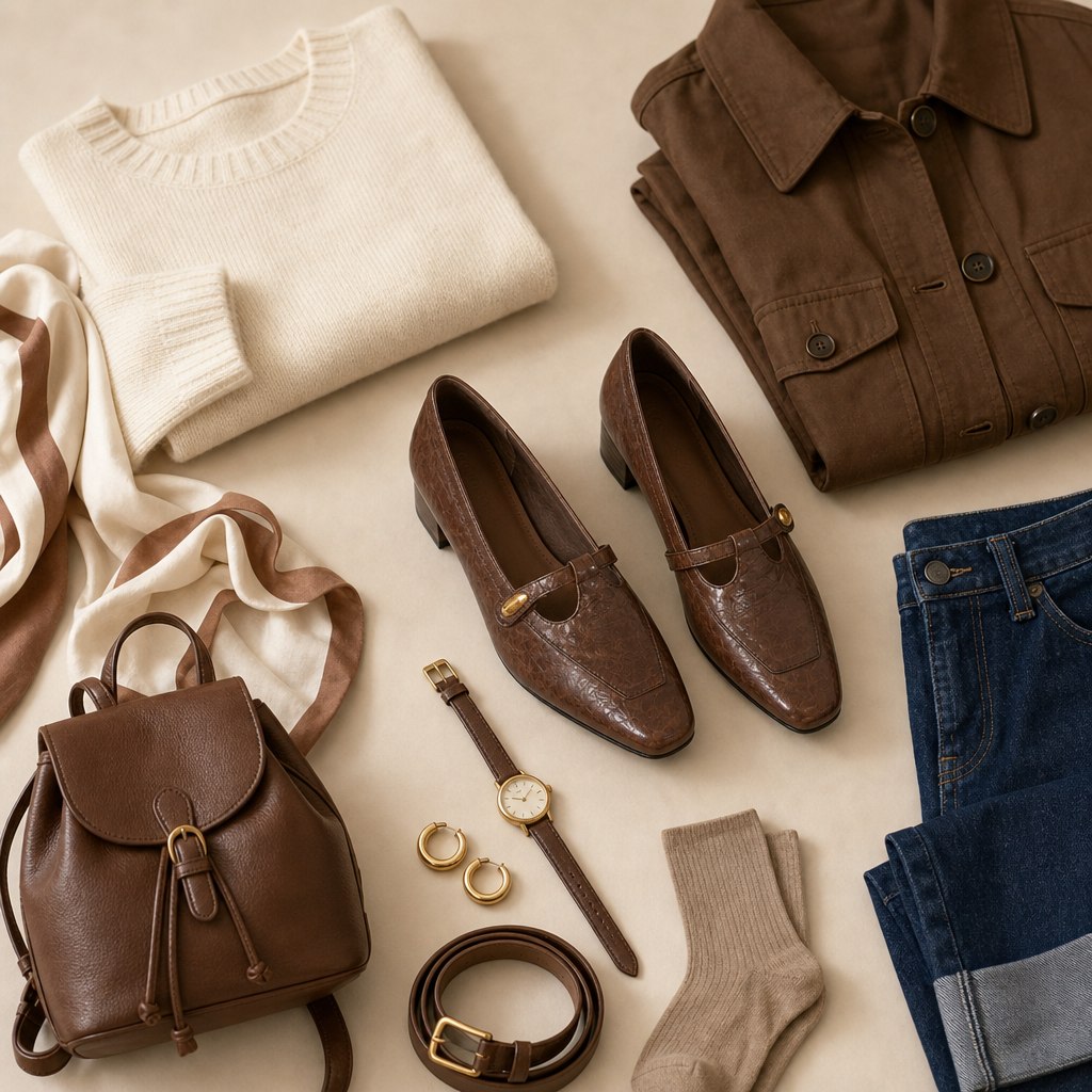 Brown pumps in a styled outfit flat-lay scene