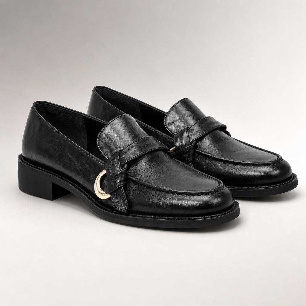 Black slip-on loafers on a light background