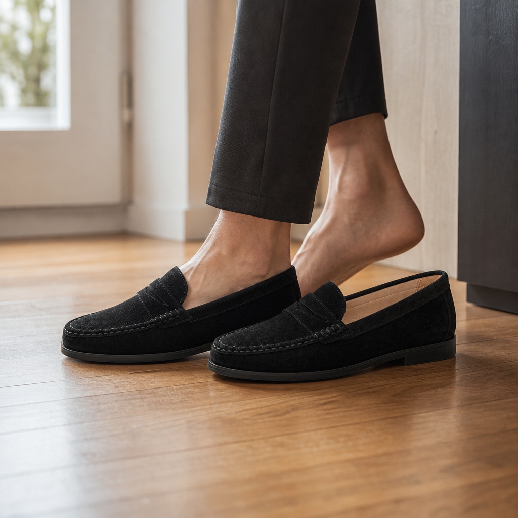 Black loafers worn indoors