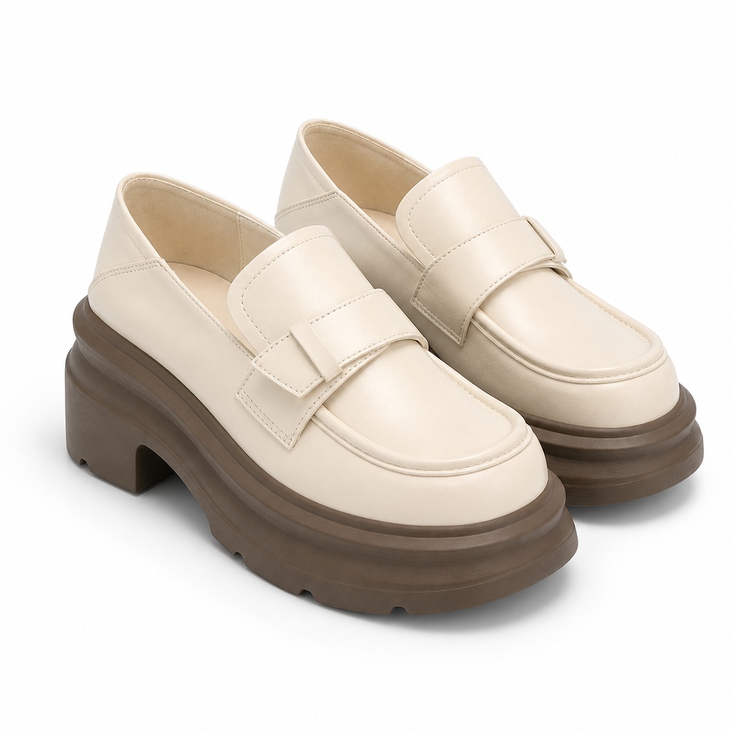 Mocassins blancs à semelle crantée et plateforme épaisse sur fond uni